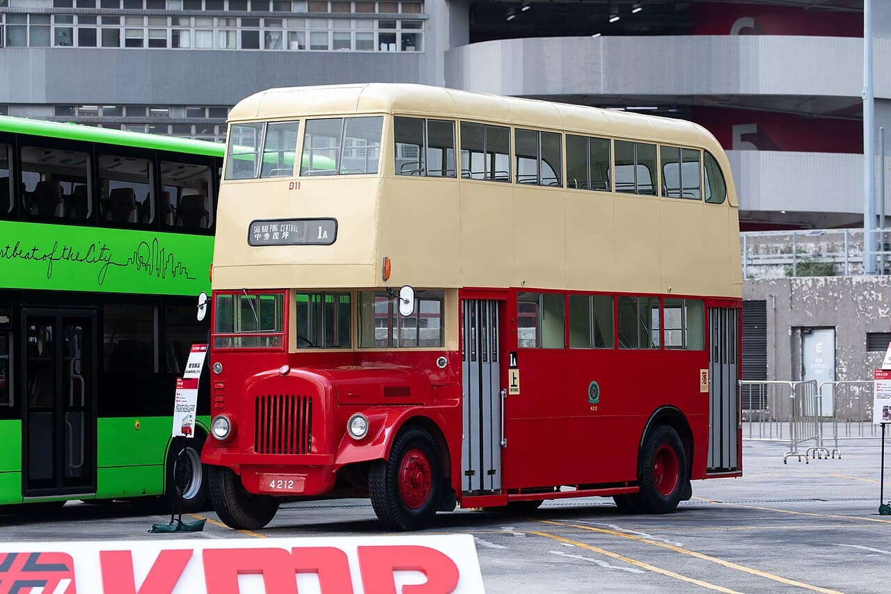 Preserved KMB Daimler CVG5 double-decker bus in classic red and cream livery